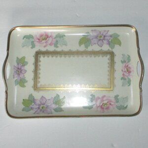 Vintage Porcelain Vanity Tray, Hand painted gold filligree work.